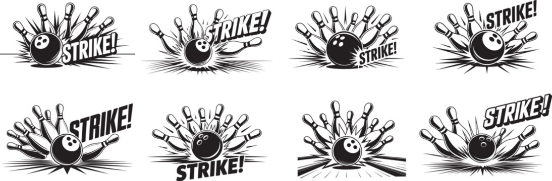 Collection of line drawing, bowling ball in mid-strike, simple linear style, Bowling ball crashing into the pins, banner vector illustration.