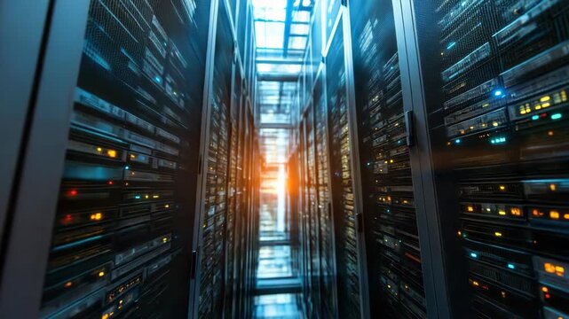 High speed data center aisle server rack network corridor with glowing data transfer motherboard