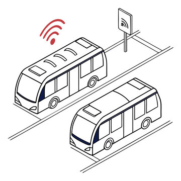 The image depicts a futuristic public transportation system with two autonomous buses communicating wirelessly with infrastructure high quality
