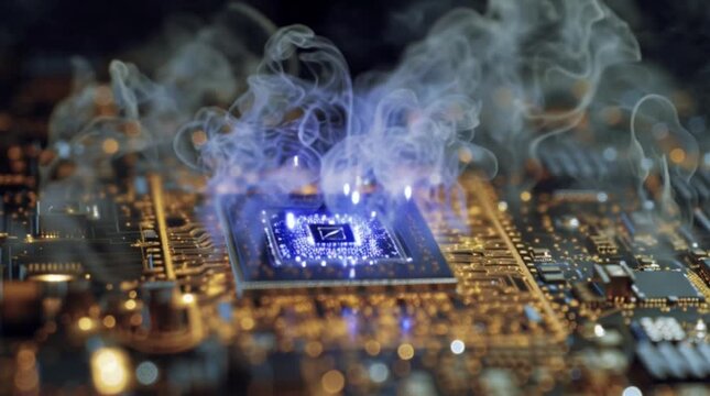 Advanced computer chip overheating, releasing vibrant blue smoke and light on a complex circuit board