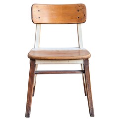 Vintage Wooden Chair with Worn Paint on White Background