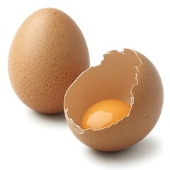Fresh Brown Eggs, One Cracked Open Revealing Yolk and White