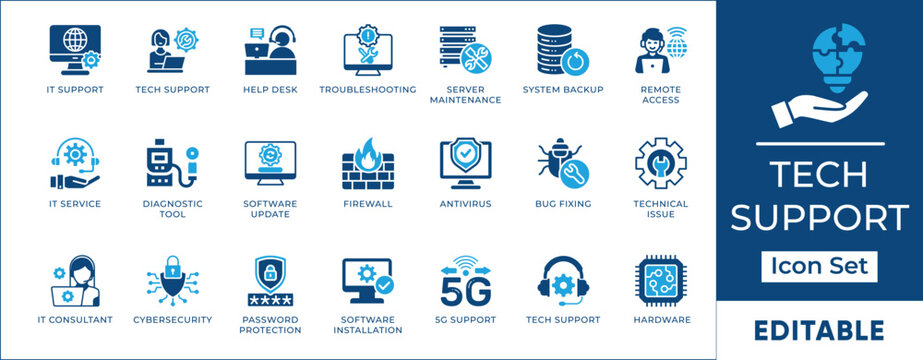 IT Support and Technical Service Vector Glyph Icons. Two-tone set featuring help desk, cybersecurity, server maintenance, firewall, and troubleshooting symbols. - Powered by Adobe