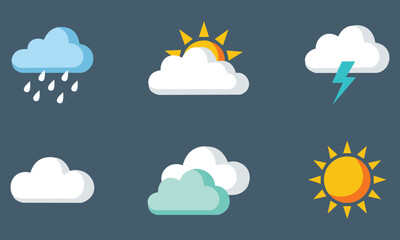 Obraz premium Weather icons with clouds, sun, rain, and lightning on a dark blue background for forecasting and atmospheric conditions vector illustration