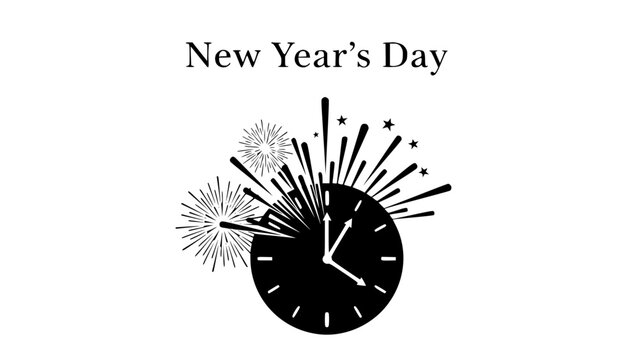New year's day celebration with clock striking midnight, fireworks exploding in background, symbolizing time, party, and festivity