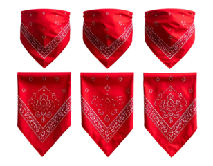 Six red bandanas with white paisley patterns, arranged