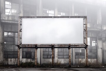 Obraz premium Weathered metal billboard in front of abandoned industrial building