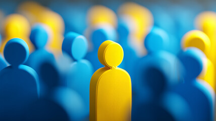 A highlighted yellow figure standing out among blue silhouettes symbolizing individuality and leadership.
