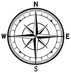 Black and White Compass Rose Illustration Graphic for Navigation Direction Tool