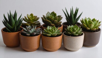 Collection of Succulent Plants in Small Pots on White Background.