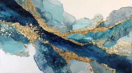 Abstract Watercolor Painting with Blue and Gold Swirls on White Background, Textured Wash Effect, Shiny Glitter Detail and Fluid Artistic Design