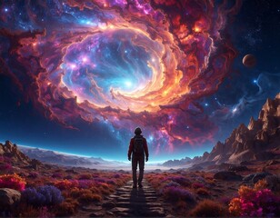 Silhouette walks towards cosmic nebulas amidst surreal terrain