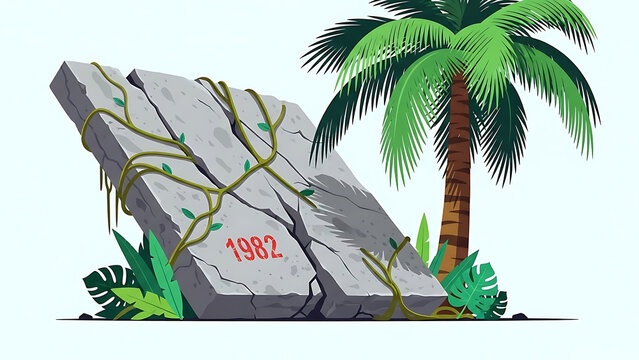 1982 historical stone marker in overgrown jungle foliage with palm tree symbolizing forgotten past antiquity and significant retro anniversary events.