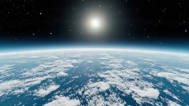 Sunlit earth horizon with cloud cover and starry space sunrise over earth from space cloud cover