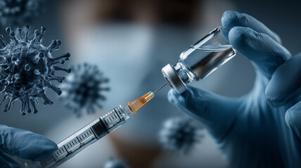 A gloved hand filling a syringe from a vaccine vial surrounded by virus models to illustrate immunization procedures and health defense concepts.

