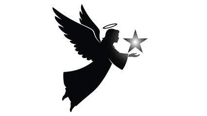 Angel Silhouette Holding a Shining Star Isolated on White Background