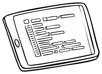 Tablet sketch illustration of data report interface, digital device hand drawn style. Technology concept. Black and white