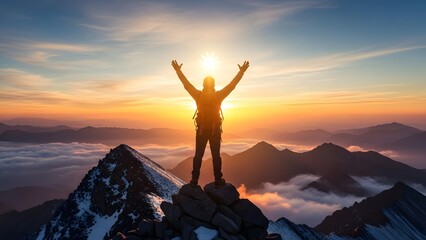 Triumphant hiker standing on mountain peak at sunset with arms raised in victory and freedom