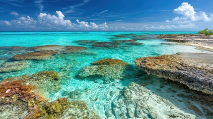 Crystal Clear Turquoise Sea with Rocky Shoreline and Fluffy White Clouds Under a Bright Blue Sky in Tropical Beach Paradise