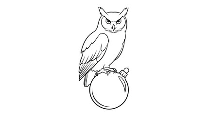 Owl Perched on Christmas Ornament Bauble Line Art Illustration Isolated on White