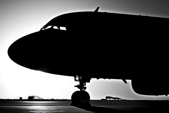 Minimal high contrast airplane silhouette suitable for stock use, captured on a full frame camera with a 90mm lens, crisp silhouette edges, controlled natural lighting
