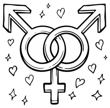 Symbolic Intertwined Gender Symbols Representing Love and Inclusivity with Hand Drawn Stars and Hearts