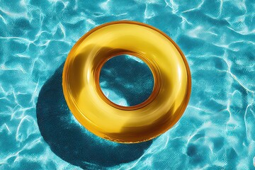 Aerial View of Yellow Inflatable Ring Floating in Sparkling Blue Water on Sunny Day Creating Ripple Patterns and Deep Shadows Summer Holiday Concept