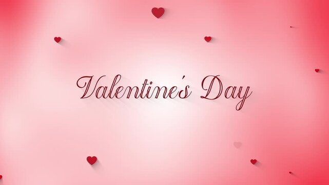 Elegant Valentine's Day script text animation on soft pink gradient background featuring falling 3D red heart shapes for romantic holiday greetings and promotions.
