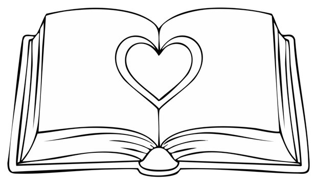 Open book with heart shape on centerfold pages - line art illustration for romantic stories or greeting cards