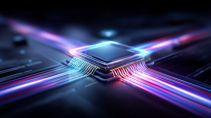 A microchip with radiant energy lines symbolizing high speed processing, technological advancement, and modern digital infrastructure powering complex systems.
