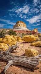 Colorful Rock Formation Against Blue Sky with Clouds in Arid Landscape Featuring Orange Yellow White Rock Layers and Weathered Wood