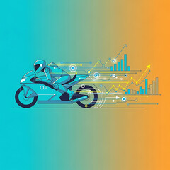 Obraz premium ai business growth featuring a robot rider on a motorcycle driving digital transformation market analysis and financial success.