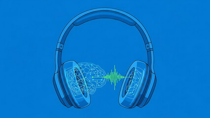 ai audio technology visual depicting headphones a digital brain and sound waves for intelligent processing and cognitive listening solutions