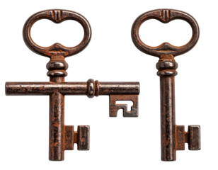 Two old, rusty, ornate keys against a black background