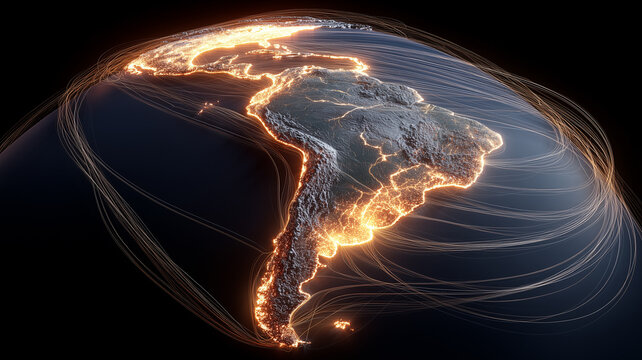 A detailed view of Latin America illuminated by global connection lines representing international communication and expanding digital integration.
 - Powered by Adobe