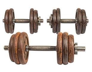 Two pairs of old, rusty, adjustable dumbbells with metal plates