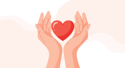 Two human hands gently holding and protecting a large bright red heart symbol on a soft pastel abstract background.