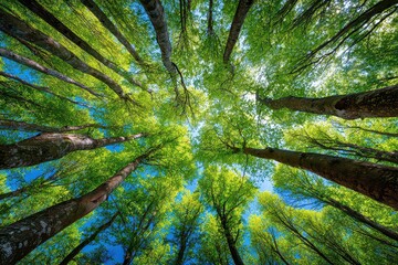 Green Canopy With Sunlight Filtering Through Tall Trees Underneath Bright Blue Sky on Sunny Day in Forest