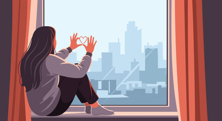 Girl sitting on a window sill in a room with orange curtains looking out at the city silhouette during the day representing solitude and reflection.