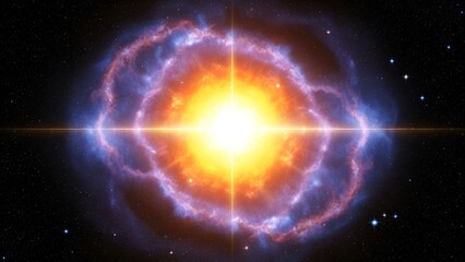 Cosmic explosion with bright center and surrounding nebula in a starry expanse