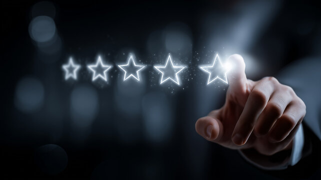 A hand selecting a glowing star rating symbol representing evaluation performance quality and customer experience assessment.
