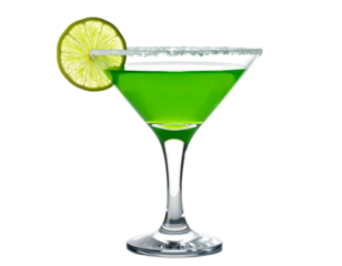 Vibrant green cocktail in a martini glass with lime garnish