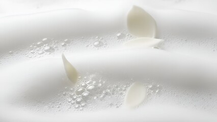 Gentle purity: A serene close-up of bubbly foam and delicate white petals showcasing spa tranquility