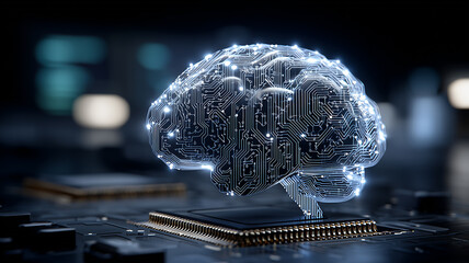 A brain shaped circuit structure rising from a microchip representing artificial intelligence processing and advanced computational power.
