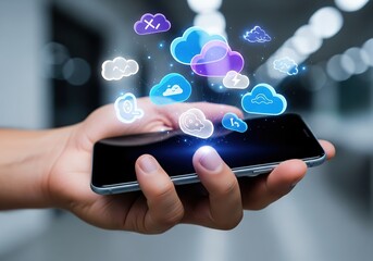 Mobile cloud computing icons floating above a smartphone held by a hand