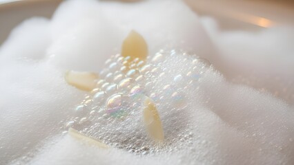 Serene bath scape with delicate almond accents amidst fluffy white bubbles oasis