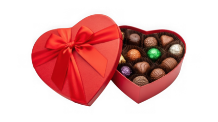 Open red heart shaped box of assorted chocolates isolated on transparent background