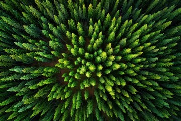 Lush Evergreen Forest Canopy Aerial View with Dense Needle Leaf Trees in Vivid Green Colors Nature Background Sunlight Illuminates The Tops of the Trees