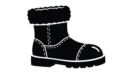 Black Winter Boot Silhouette Icon with Fur Trim Isolated on White Background