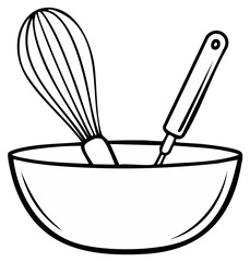 Mixing bowl with whisk and spatula, black and white illustration
